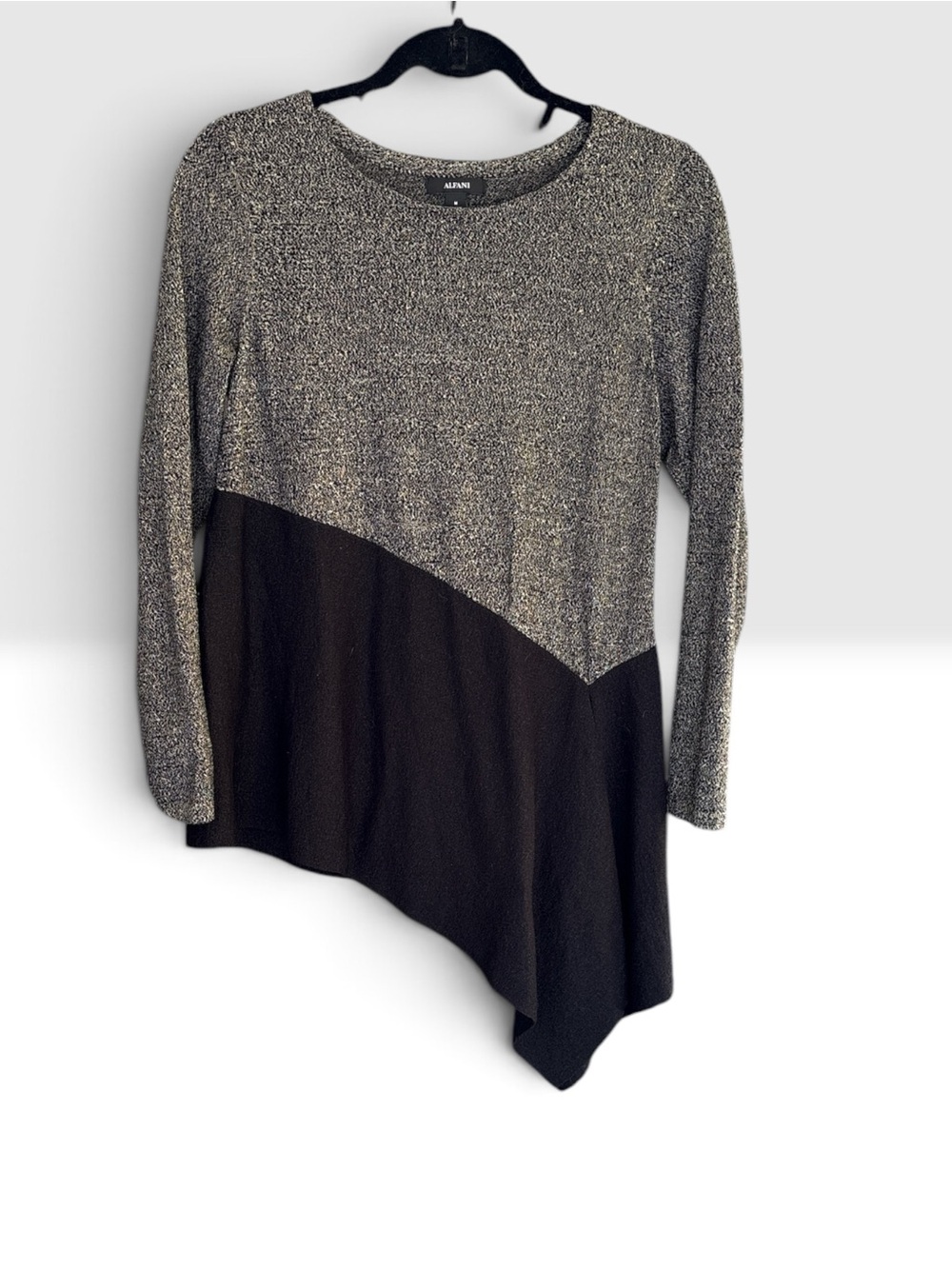 Alfani Metallic Knit Asymmetrical Tunic Top Medium  Long Sleeve